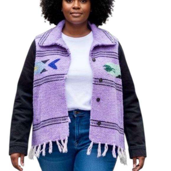 House of Martha Jackets & Blazers - L-3X Lavender Jacket with Fish Imagery and Black Denim Sleeves Handmade
